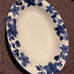White Oval Serving Platter with Blue Floral Border
